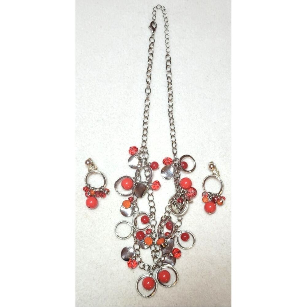 Red Glass Beaded Statement Necklace Clip On Earrings Set Multistrand Silvertone